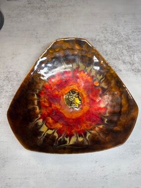 Vintage hammered copper and enamel triangular bowl
